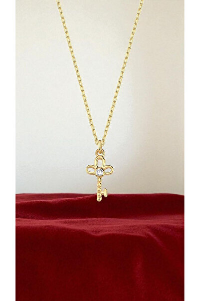 TASLİDUSLERJEWELRY 925 Ayar Gümüş 24K Altın Kaplama Zirkon Taşlı Anahtar Kolye