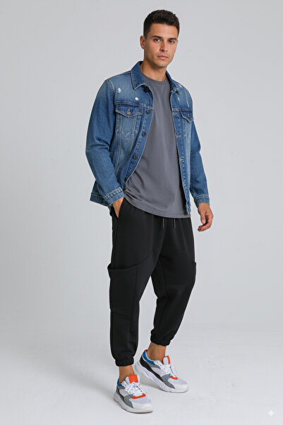 DARK AND BRIGHT Men's Baggy Pants with Side and Knee Pockets, Elastic Waistband, Elasticated Cuffs, Comfortable
