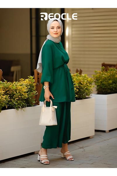 REOCLE Women Muslim Summer 2Pcs Outfits Set Long Sleeve Belted Tunic Tops Wide Leg Loose Pants