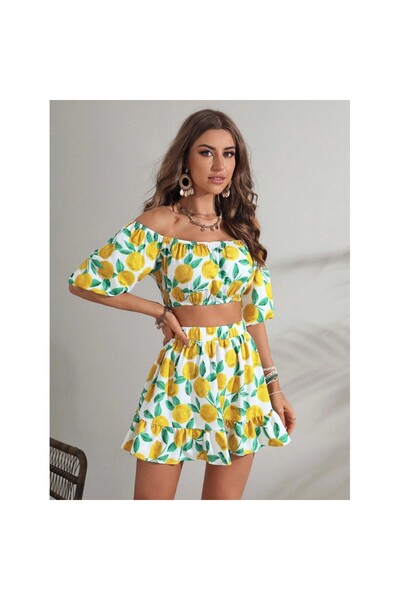 FITINT Γυναικείο σύνολο 2 τεμαχίων: Πολύχρωμο κοντό τοπ και κοντή φούστα – 083