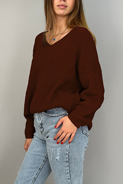 Tam Moda Women's Knitwear V-Neck Sweater Brown