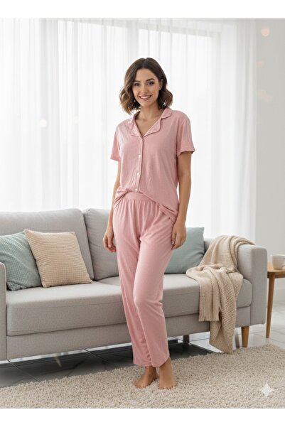 FAMES PİJAMA Women's Pink Buttoned Pajama Set