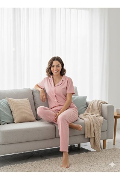 FAMES PİJAMA Women's Pink Buttoned Pajama Set