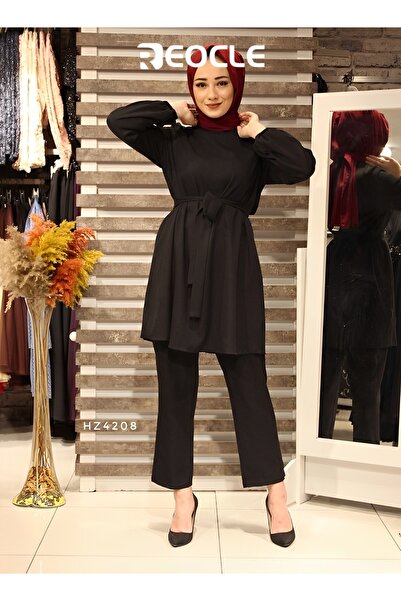 REOCLE Women Muslim Summer 2Pcs Outfits Set Long Sleeve Belted Tunic Tops Wide Leg Loose Pants