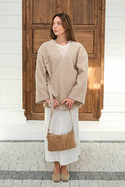 GİYSA Women's Double Breasted Collar Tie Detail Cardigan Stone - 26K 7020