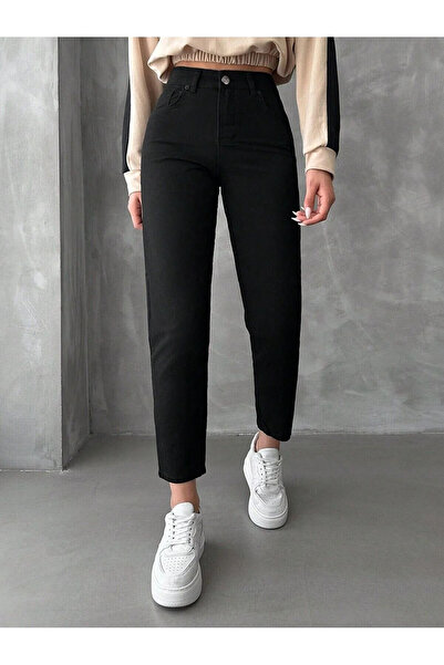 kleshus material elastic Pantaloni Mom Black Fit pentru femei - talie înaltă ...