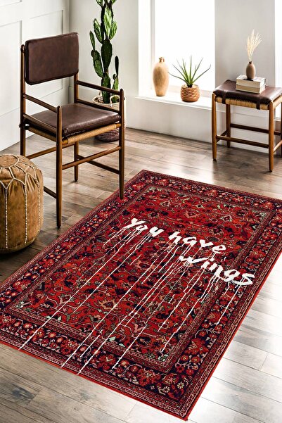 Qatalina Kaymaz Taban Makinede Yıkanabilir Dekoratif Vintage Kilim Desenli Sa...