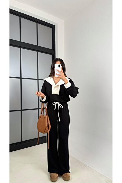 Gaus Siyah Beyaz Şerit Detaylı Tasarım Modal Kumaş İkili Takım GAUS-00529