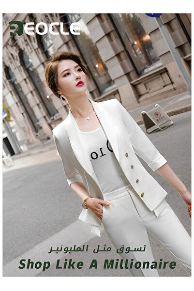 REOCLE Suit for Women Three-quarter Sleeve Jacket and Trouser Suit Secretary Front Desk Work Suit