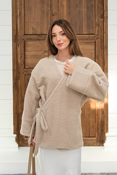 GİYSA Women's Double Breasted Collar Tie Detail Cardigan Stone - 26K 7020