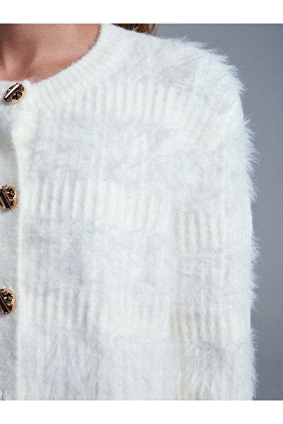 Dilvin 60990 Wool Blend Buttoned Knitwear Cardigan-Ecru