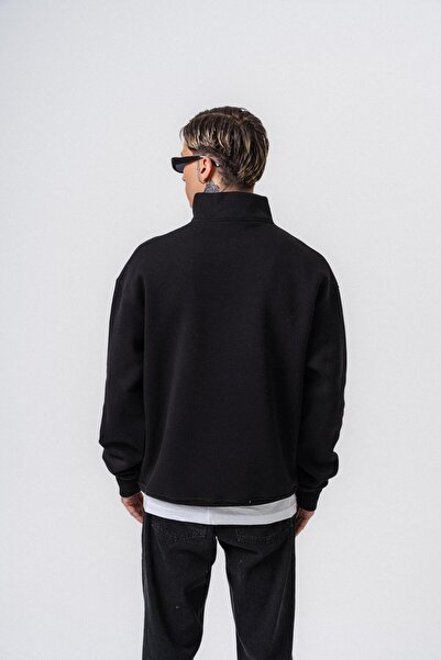 Respire Men's Text Detailed Half Zipper Basic Sweatshirt Black