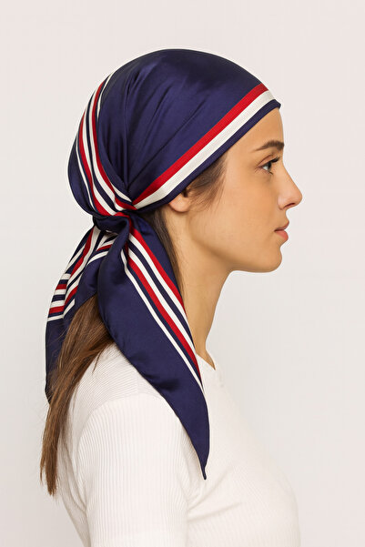 bahia butik aksesuar وشاح مخطط باللون الأزرق الداكن مقاس 70*70