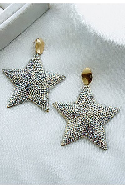 VNS Accessories Stone Detailed Big Star Earrings (8.5 cm)