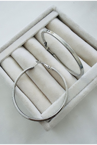 VNS Accessories Rodyum Kaplama Düz Model Büyük Halka Küpe Kalınlık:3 mm / Çap: 6 cm)