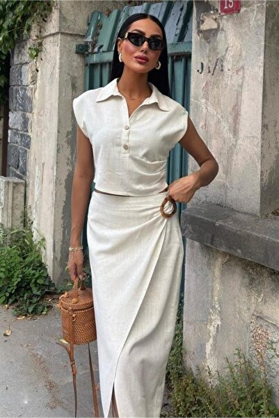 Lijuri Blouse with Drawstring and Skirt with Buckle Linen Suit 10204