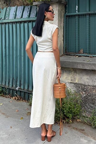 Lijuri Blouse with Drawstring and Skirt with Buckle Linen Suit 10204