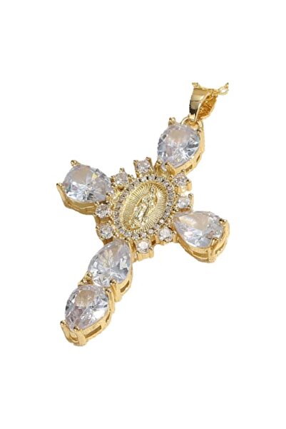 OEM Colier de damă cu pandantiv cruce, placat cu aur de 14k, zirconiu, elegant