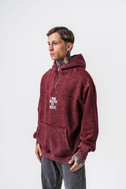 Respire Men's Create Printed Hooded Oversize Hoodie Burgundy