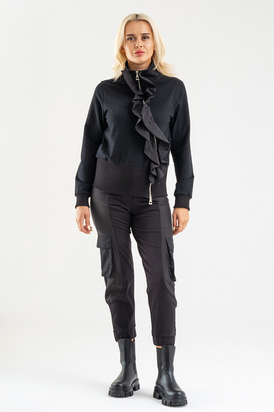 Bold & Young Black Stylish Zippered Sweat Jacket with Flywheel Detail