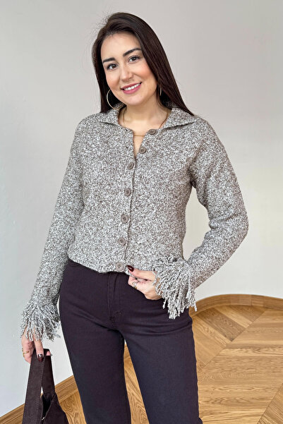 Cappmoda Trk-3838 Mink Tassel Sleeve Polo Neck Buttoned Soft Textured Cardigan