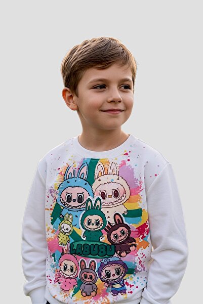 Patriko KIZ ERKEK ÇOCUK 2 İPLİKLİ LABUBU BASKI YEŞİL SWEATSHIRT ALT ÜST EŞOFMAN TAKIMI-1 beden büyük alınız