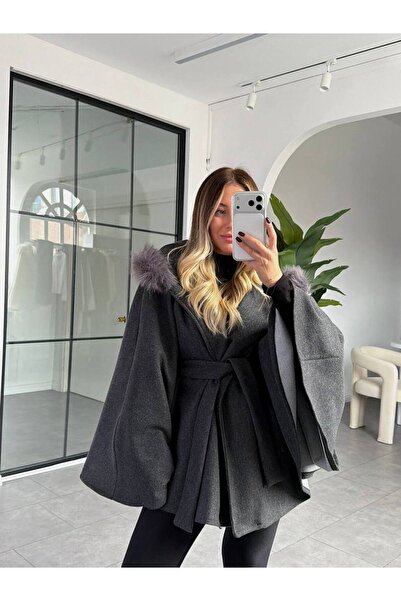 VESS MODA Fur Detailed Hooded Belted Cashmere Poncho