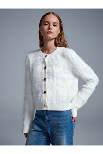 Dilvin 60990 Wool Blend Buttoned Knitwear Cardigan-Ecru