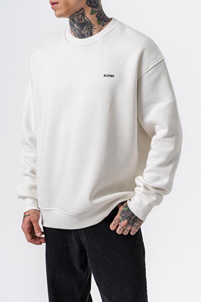 Respire Men's Basic Oversize Sweatshirt with Text Detail Ecru