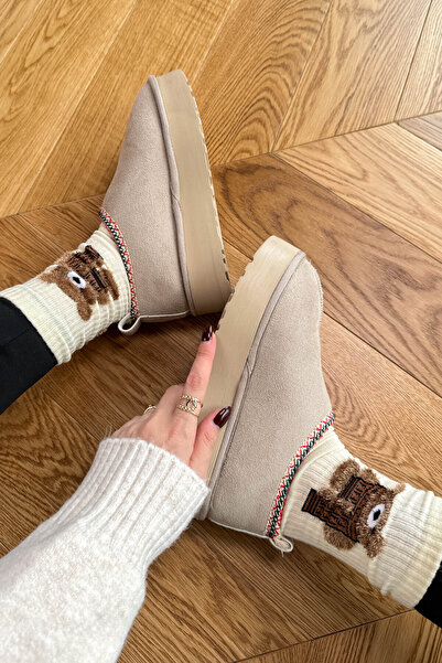 Cappmoda Ayk-1023 Stone Color Fur Lined Ankle Boots