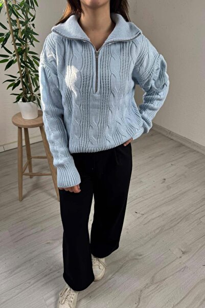 EXPLODE Kadın Mavi Fermuarlı Yaka Oversize Örgülü Triko Kazak