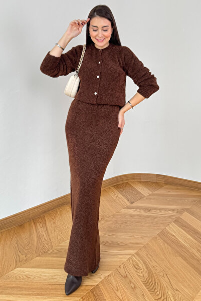 Cappmoda Tkm-3835 Bitter Brown Curly Knitwear Buttoned Cardigan & Pencil Skirt Set