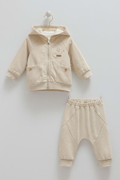 Caramell Color World Hooded Zippered Three-Piece Bottom-Up Set Brown