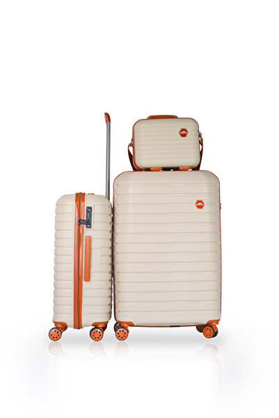 GROUND Vanille Gar Büyük ve Orta Boy Valiz + Makyaj Çantası - Kemik Taba - 10663