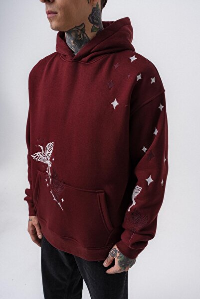 Respire Men's No Perch Embroidered Hooded Oversize Hoodie Burgundy