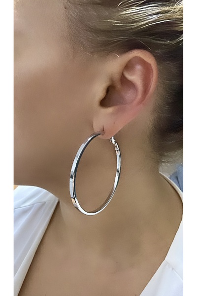 VNS Accessories Rodyum Kaplama Düz Model Büyük Halka Küpe Kalınlık:3 mm / Çap: 6 cm)