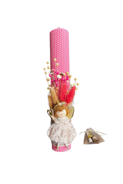 OEM Baptism candle made of pink natural wax, decorated with a fairy and dried flowers + bottle of spices