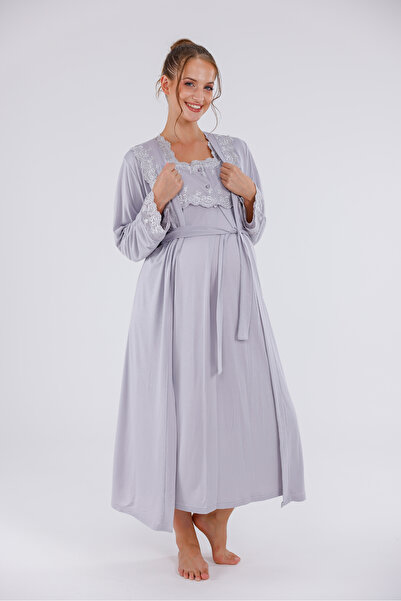 Yulem Homewear Gray Special Lace Long Sleeve Cotton Full Length Maternity Nightgown-Dressing Gown Set of 2