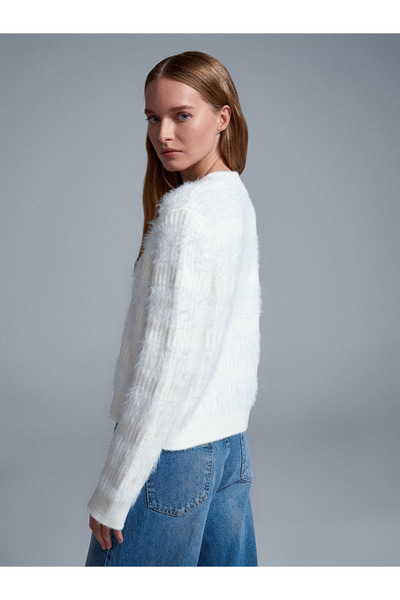 Dilvin 60990 Wool Blend Buttoned Knitwear Cardigan-Ecru