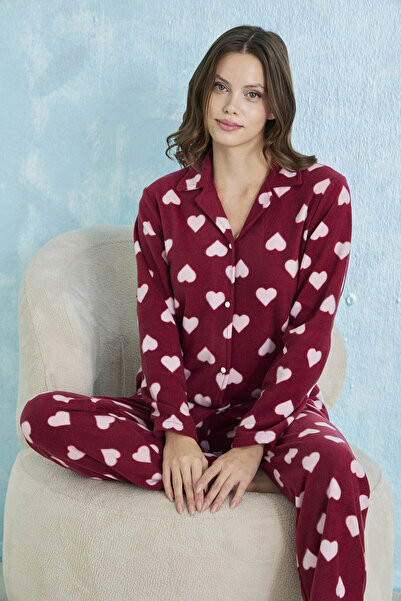 STELLAPİNK Polar Kalp Desenli Önü Düğmeli Uzun Kollu Pijama Takımı