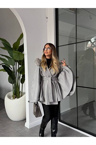 VESS MODA Fur Detailed Belted Cashmere Poncho