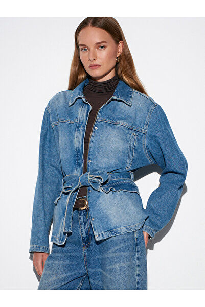 Dilvin 65379 Jachetă din denim cu curea 100% bumbac-albastru