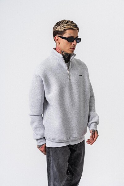 Respire Men's Text Detailed Half-Zip Basic Sweatshirt Snow Melange