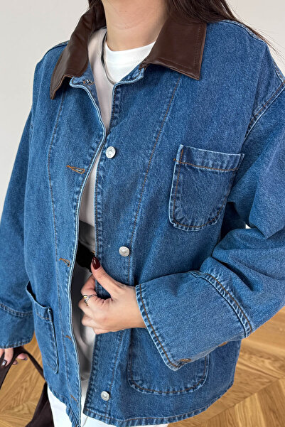 Cappmoda Ckt-250570 Blue Leather Collar Buttoned Oversize Denim Jacket