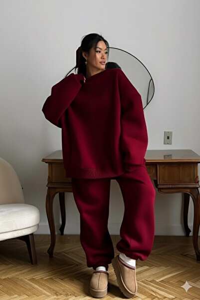 GIA - ART Kadın Double Oversize Eşofman Takımı Basic Bordo – Bisiklet Yaka, Lastikli Paça, 3 İplik Polar