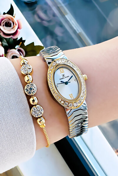 Daniel Klein Original Oval Case Women's Wristwatch, Waterproof Gold Silver Steel Band - Bracelet Gift Dkby2051C4