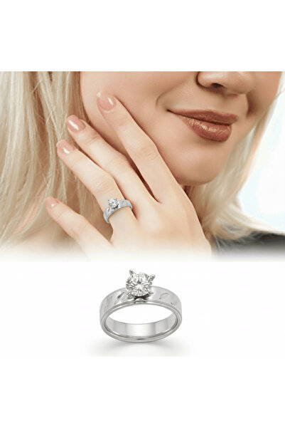 Tesbihane Silver Color Zircon Stone V Design 316L Quality Stainless Steel Women Solitaire Ring - 21 Size