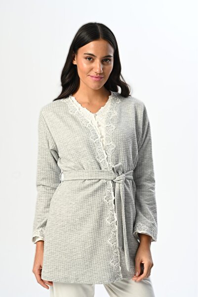 LOHOUSE Women's Gray Lace Winter Cotton Maternity Pajama Set with Dressing Gown, 3-Piece Pajama Set