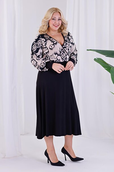 Madwilo Women's Black Beige Ethnic Pattern Blocky Double Breasted Collar Balloon Sleeve Plus Size Stretchy Maxi Dress