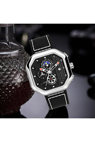 Lige Ceas bărbătesc Octagon din piele, cronograf, cu dată, argintiu